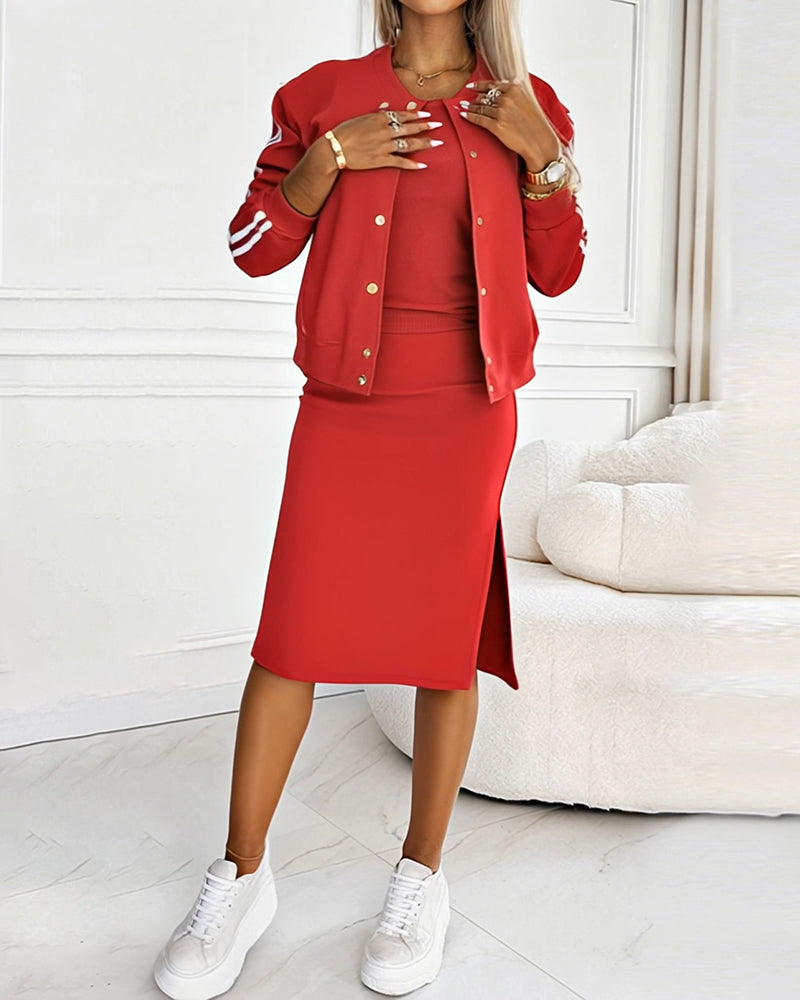 Women's 3 Piece Tracksuit Set Baseball Collar Jacket and Slim Fit Side Slit Skirt with Ribbed Tank Top - Image 5