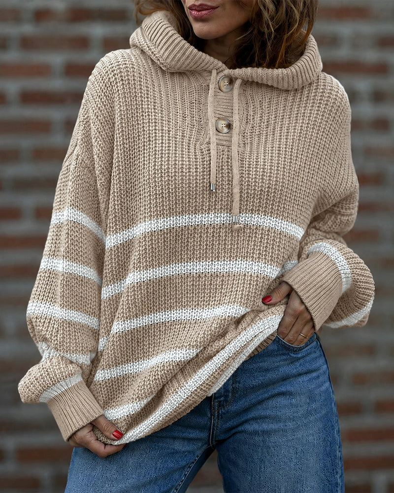 Women's Striped Henley Drawstring Hooded Sweater Loose Fit Lantern Sleeve Knit Pullover - Image 9