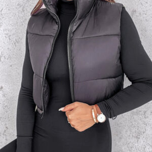Stand Collar Zip Up Lightweight Cropped Puffer Vest Sleeveless Drawstring Hem Padded Coat