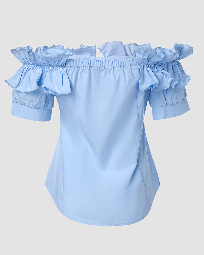 Ruffles Off Shoulder Short Sleeve Button Front Blouse Asymmetrical Hem Top - Image 18