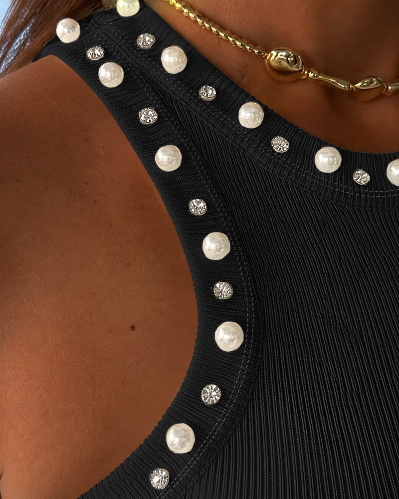 Women's Pearls Rhinestone Knit Racerback Tank Top Ribbed Crewneck Sleeveless Top - Image 3