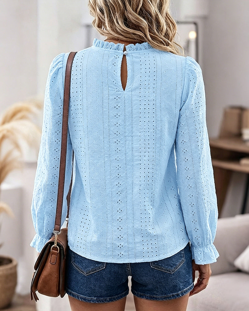 Women's French Style Eyelet Embroidery Blouse Elegant Frill Hem Stand Collar Puff Sleeve Top Lace Patchwork Shirt - Image 8