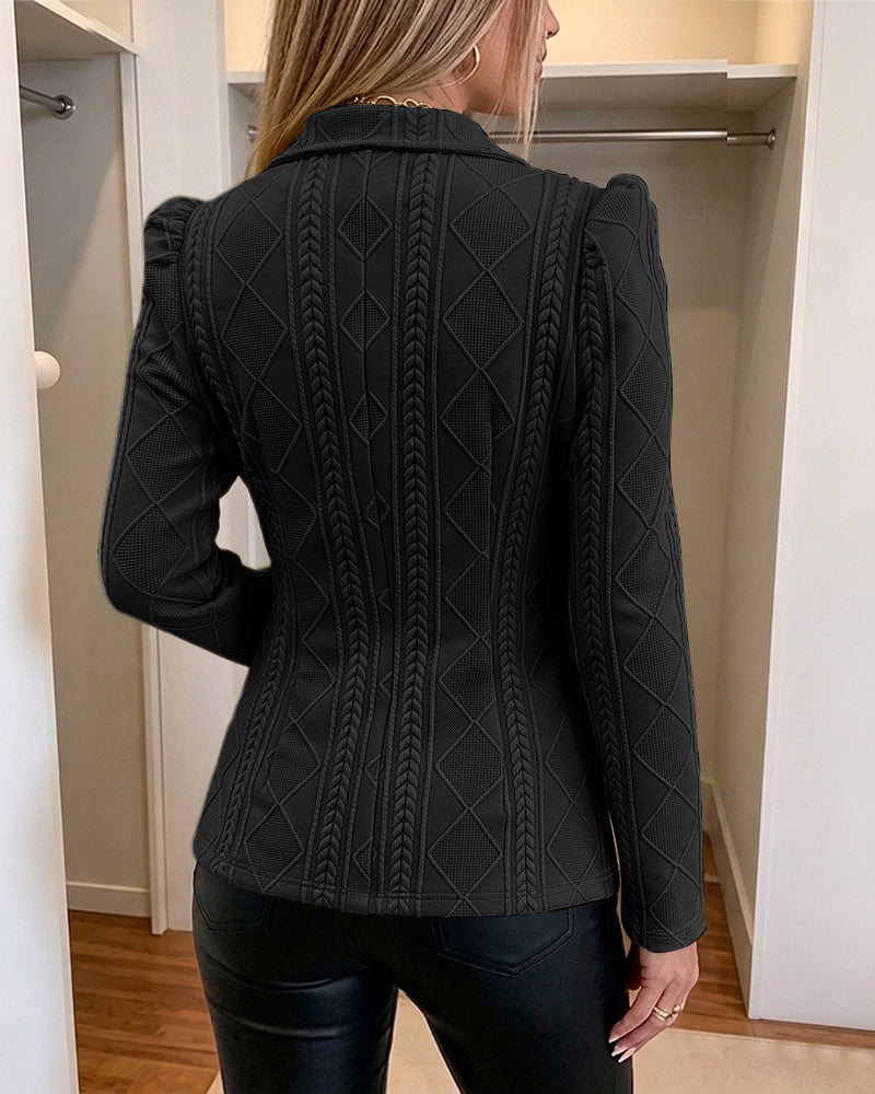 Women's Elegant Argyle Textured Blazer Slim Fit Puff Sleeve Suit Jacket Gold Button Work Office Commuter Blazer with Pockets - Image 12