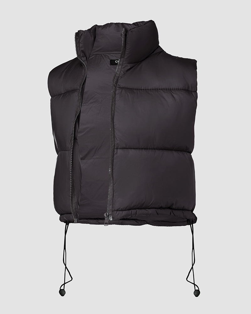 Stand Collar Zip Up Lightweight Cropped Puffer Vest Sleeveless Drawstring Hem Padded Coat - Image 9