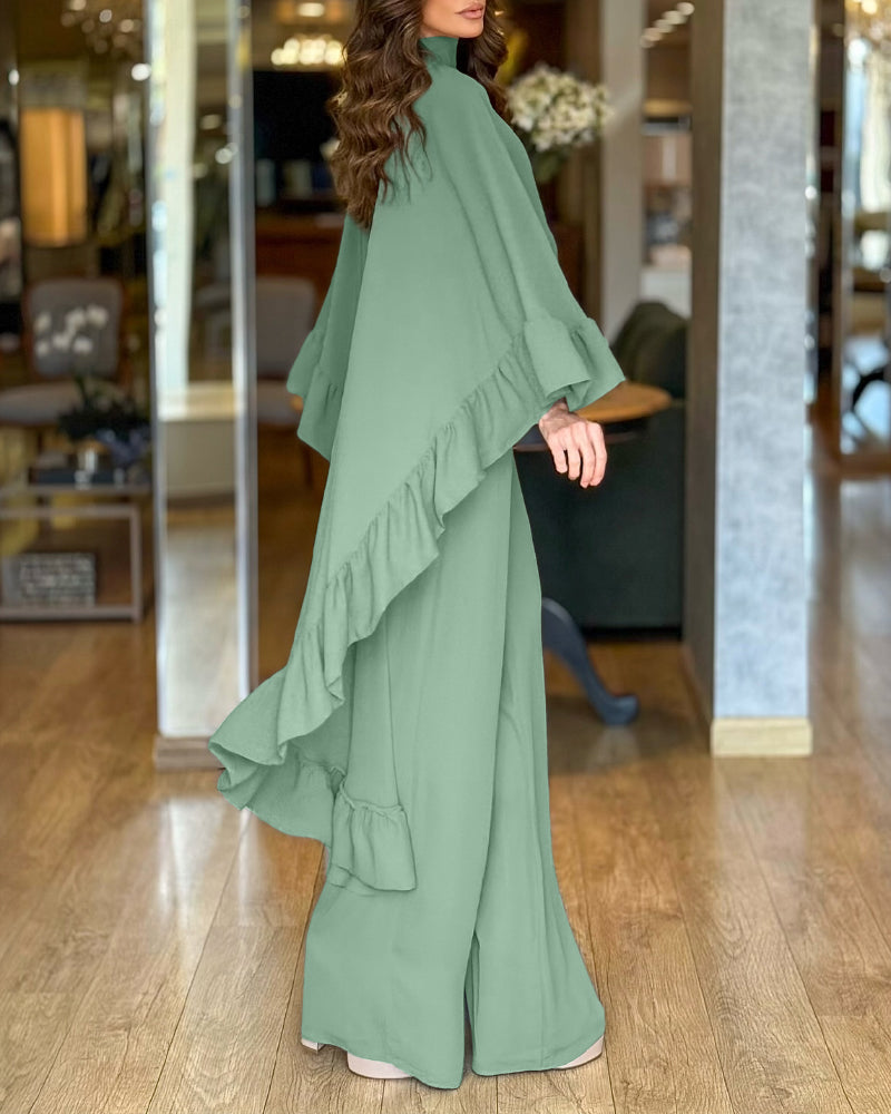 2 Pieces Outfit High Neck Hollow-out Back Ruffles High-Low Hem Cape and Casual Elastic Back Waist Wide Leg Pants Set - Image 8