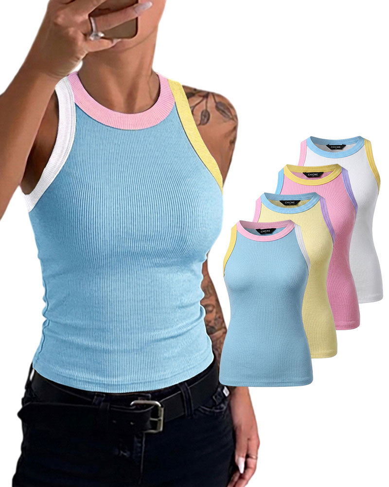 Women's Contrast Trim Ribbed Tank Top Slim Fit Sleeveless Round Neck Basic Camisole for Streetwear & Layering - Image 18