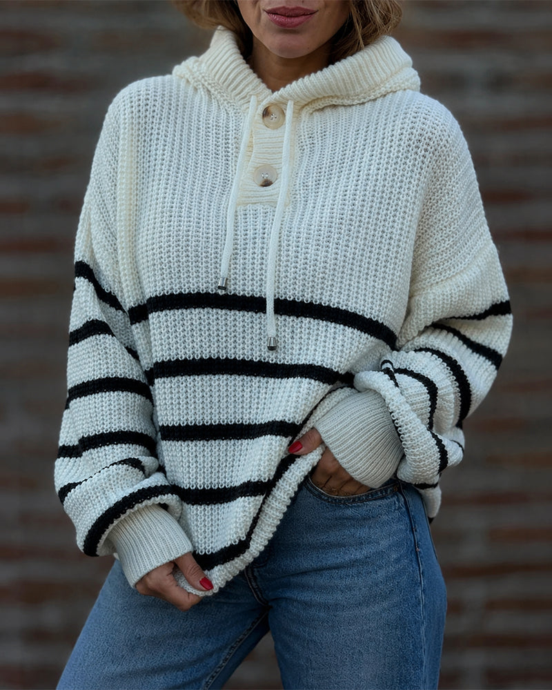Women's Striped Henley Drawstring Hooded Sweater Loose Fit Lantern Sleeve Knit Pullover - Image 5