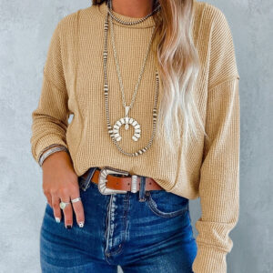 Women's Ribbed Knit Long Sleeve Top Casual Seam Crewneck Pullover