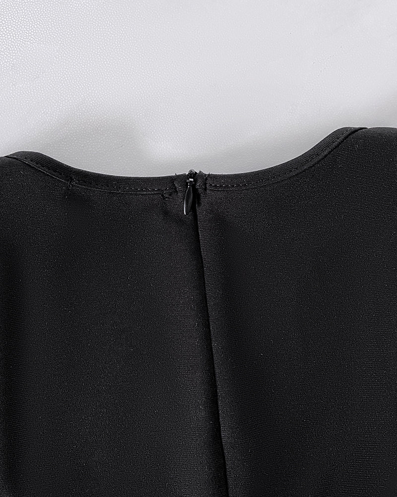 Sequin Bowknot Decor Contrast Sequin Paneled Square Neck Long Sleeve Jumpsuit Casual Cinched Waist Wide Leg Jumpsuit - Image 3