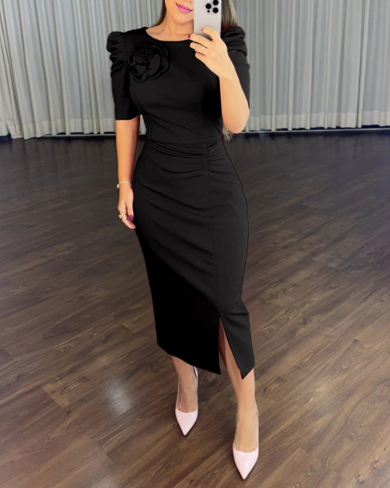 3D Flower Decor Round Neck Puff Sleeve Bodycon Dress Casual Ruched Slit Zipper Back Work Dress - Image 16