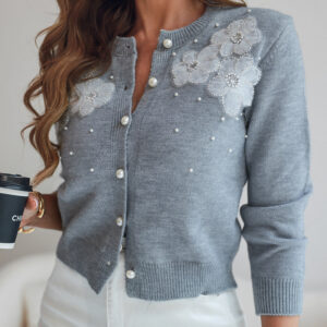 Floral Applique & Pearls Decor Round Neck Single Breasted Knit Cardigan Casual Crop Sweater Coat