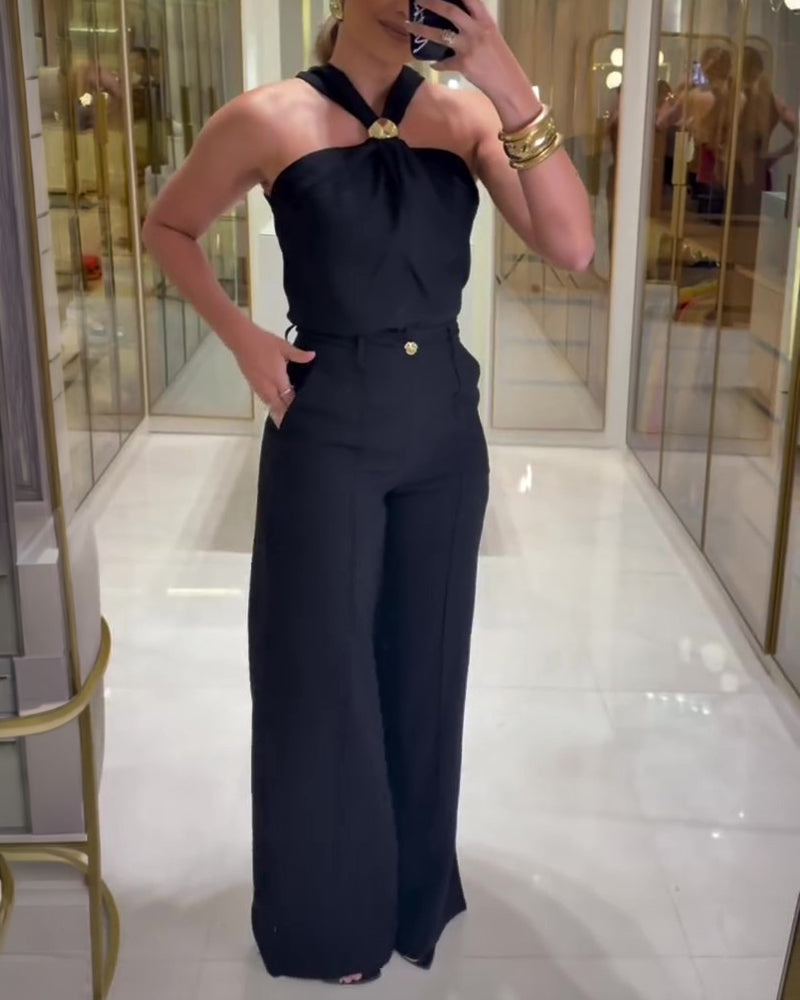 Women's 2 Piece Outfits Halter Neck Ruched Top and Wide Leg Pants Set Elegant Gold Decor Suits - Image 4