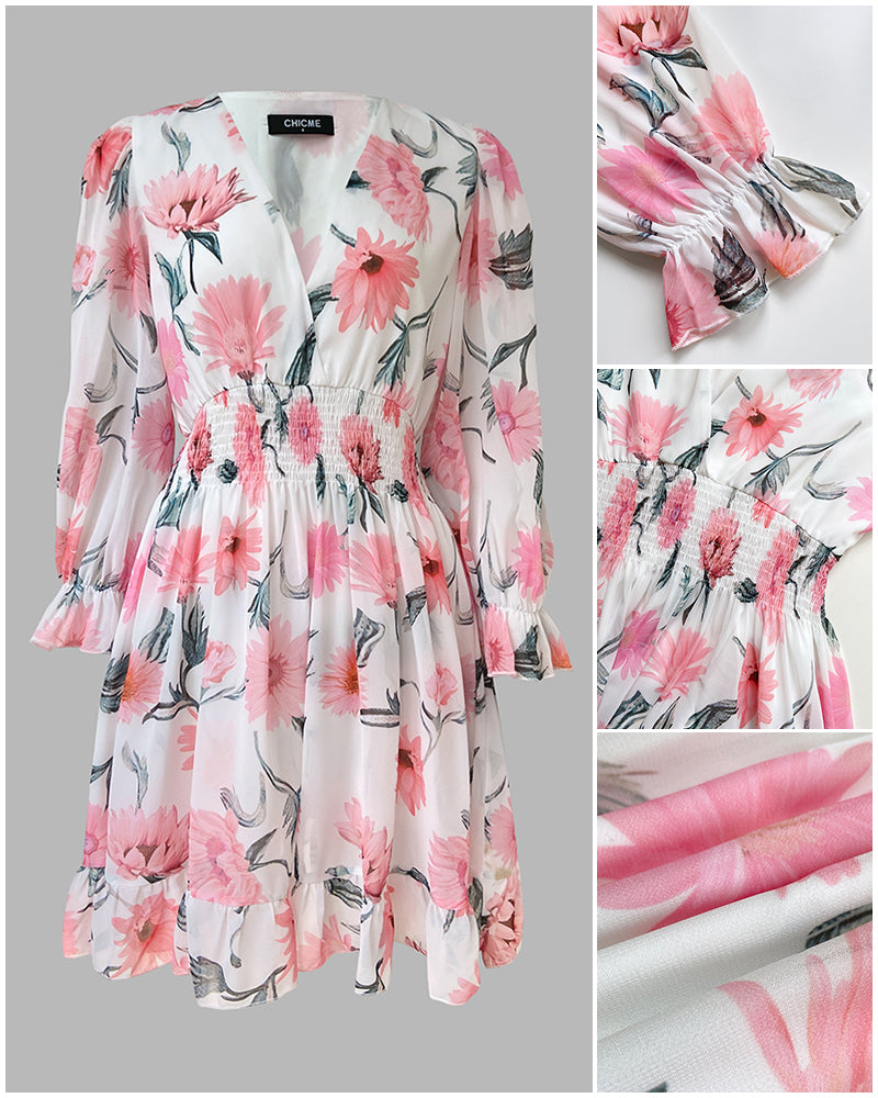 Floral Print Overlap Deep V-Neck Half Sleeve Shirred Waist A Line Dress Casual Flared Cuffs Ruffle Hem Chiffon Dress - Image 7