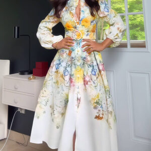 French Style Floral Print Stand Collar Lantern Sleeve Button Down Evening Dress Cinched Waist Vacation Dress with Belt