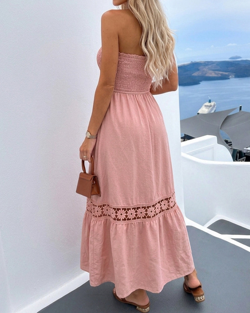 Women's Strapless Shirred Maxi Dress Lace Splice Tied Detail Frill Trim Sundress with Detachable Clear Straps - Image 3