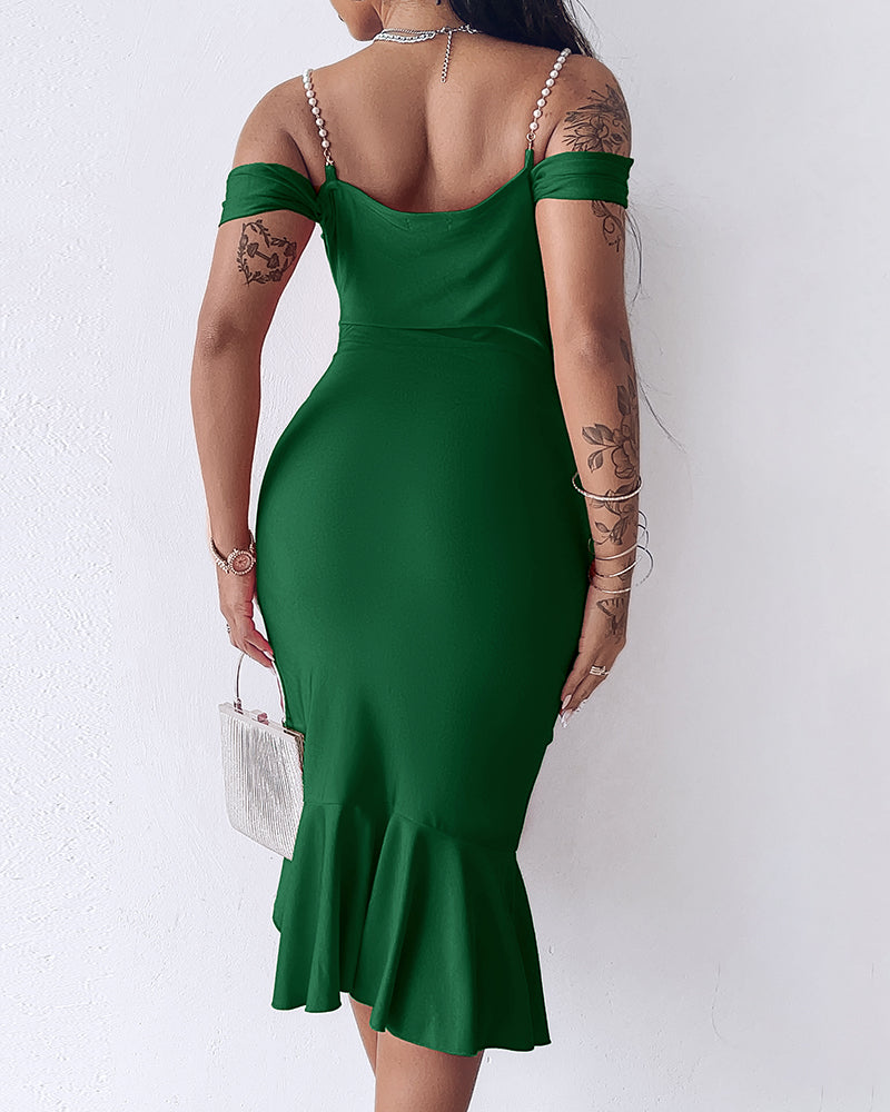 Women's Cold Shoulder Adjustable Pearls Straps Bodycon Dress Cowl Neck Asymmetrical Ruffle Hem Party Dress - Image 9