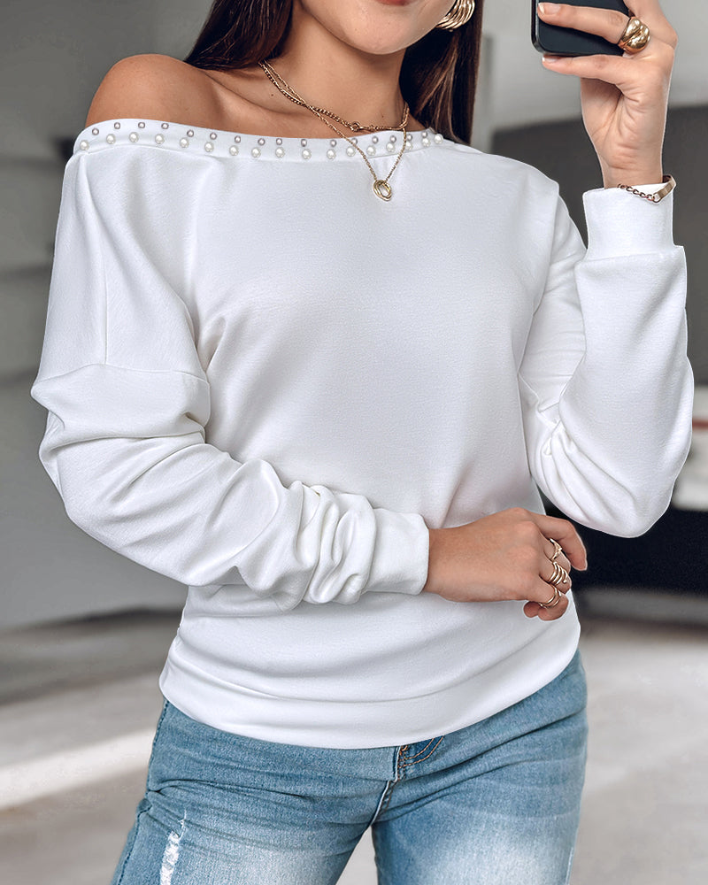 Pearls Decor Sheer Heart Pattern Mesh Spliced Tee Casual Drop Shoulder Long Sleeve Top - Image 3