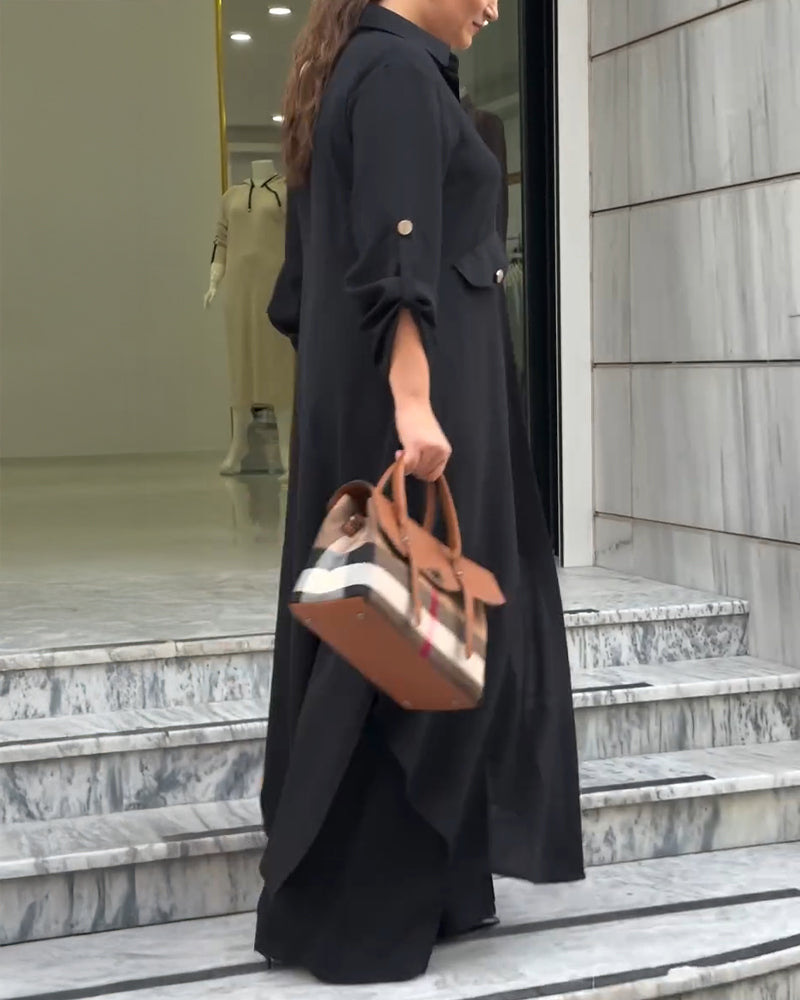 2 Pieces Outfit Turn-down Collar Turn-Up Sleeves Button Front Asymmetrical Hem Longline Blouse and Casual Elastic Waist Wide Leg Pants Set - Image 16