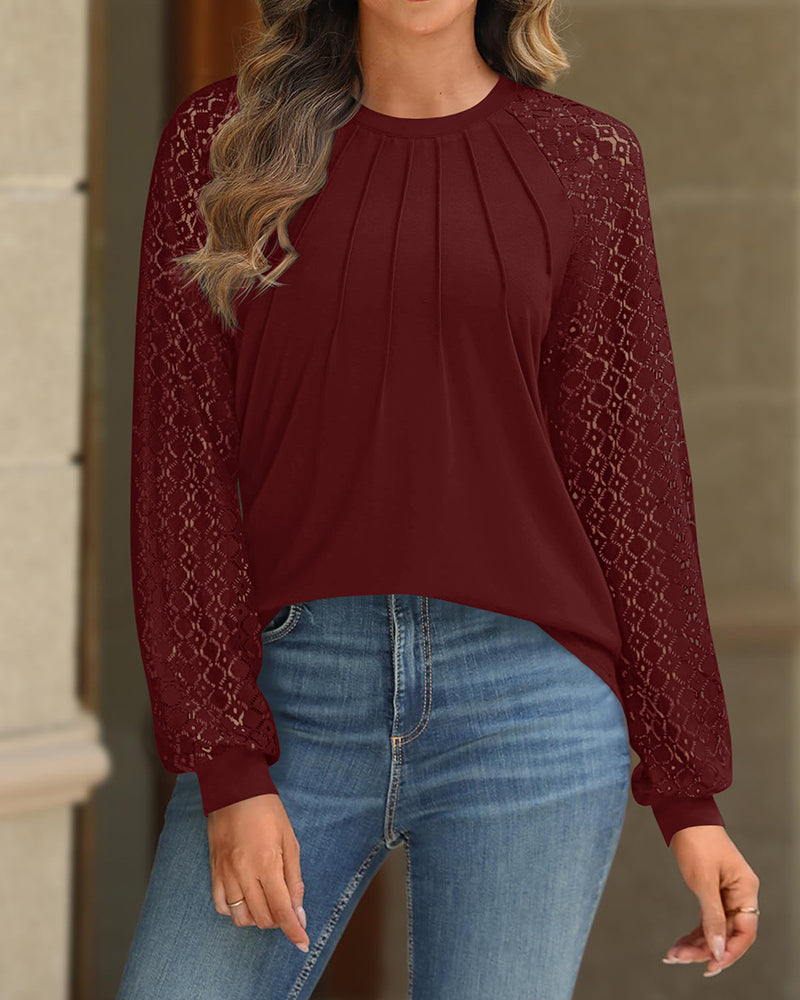Contrast Lace Round Neck Lantern Sleeve Ruched Blouse Elegant Shirt - Image 5