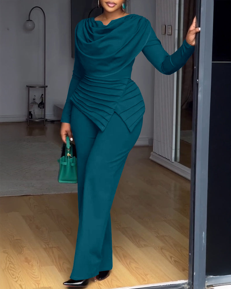 Cowl Neck Asymmetrical Textured Patchwork Cinched Waist Jumpsuit Casual Zipper Back Wide Leg Jumpsuit - Image 19