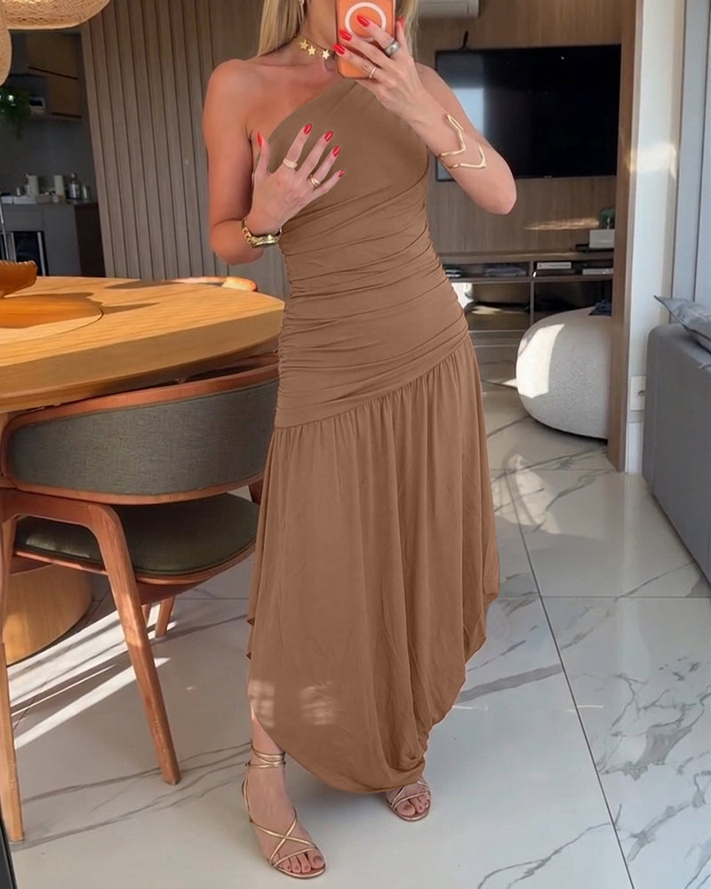 Women's One Shoulder Ruched Side Bodycon Dress Asymmetrical Hem Sleeveless Slim Fit Party Dress - Image 5