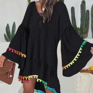 Colorblock V-Neck Bell Sleeve A Line Tassel Mini Dress Vacation Dress