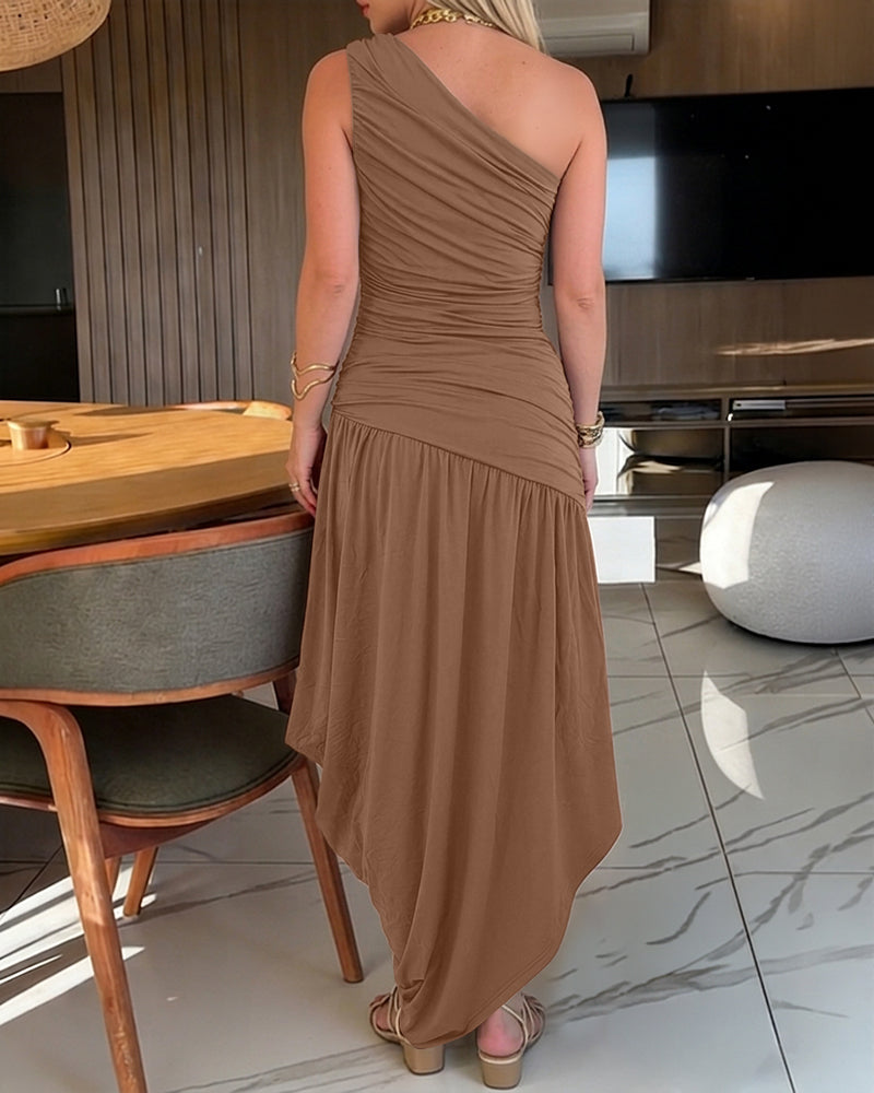Women's One Shoulder Ruched Side Bodycon Dress Asymmetrical Hem Sleeveless Slim Fit Party Dress - Image 6