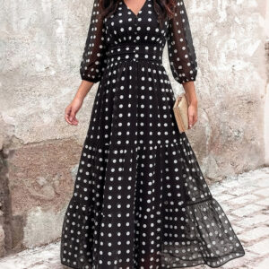 Women's Polka Dot Maxi Dress V Neck Lantern Sleeve Ruffle Hem Dress High Waist Button Up Chiffon Long Party Dress