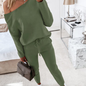 2 Pieces Outfit Long Sleeve Skew Neck Pullover Top and Drawstring Elastic Waist Slim Fit Pants Set