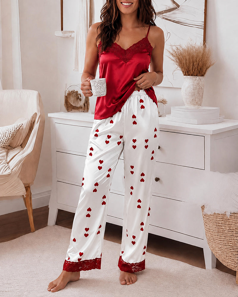 Women's Lace Trim Satin Pajama Set V Neck Cami Top and Heart Print Straight Leg Pants Casual Sleepwear Loungewear - Image 3