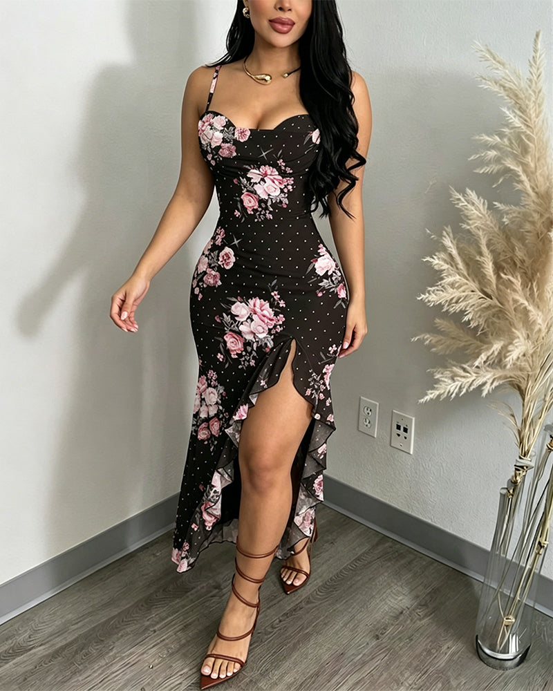 Women's Floral Cowl Neck Cami Midi Dress Casual Rhinestone Mesh Vacation Dress Slit Ruffle Hem Sundress - Image 2