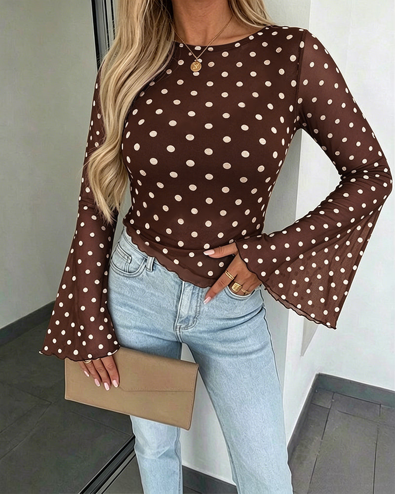 Women's Polka Dot Mesh Top Flare Long Sleeve Boat Neck Lined Asymmetric Frill Hem Blouse Vintage Party Shirt - Image 21