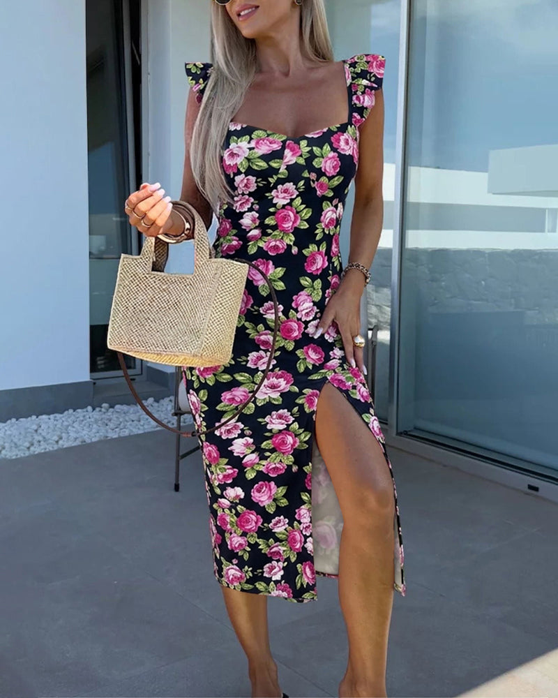Women's Floral Midi Dress Sweetheart Neck Flutter Sleeve Side Slit Sundress Backless Vacation Dress with Built-In Bra - Image 4