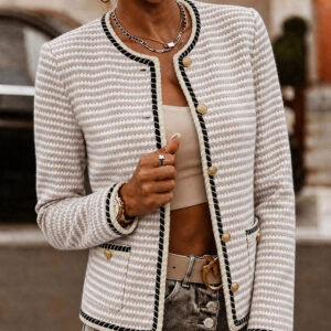Women's Striped Knit Coat Contrast Binding Button Down Cardigan Round Neck Crop Blazer Coat with Pockets