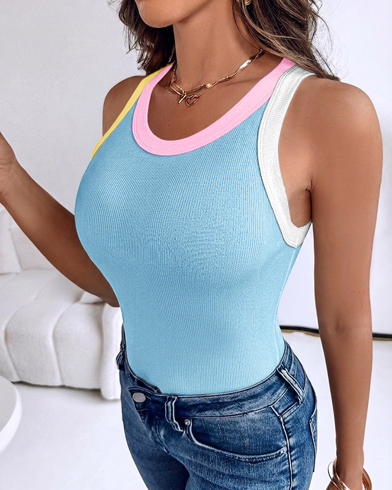 Women's Contrast Trim Ribbed Tank Top Slim Fit Sleeveless Round Neck Basic Camisole for Streetwear & Layering - Image 19