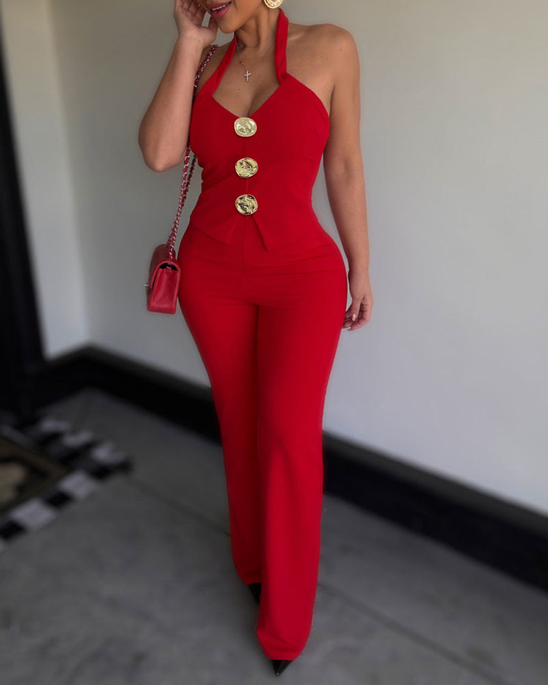 Women's Criss Cross Halter Front Gold Button Flare Jumpsuit Elegant Evening Overalls - Image 7
