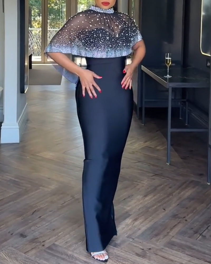 2 Pieces Outfit Detachable & Adjustable Spaghetti Straps Zipper Back Slit Slim Fit Maxi Dress and Rhinestone & Pearls Decor High Neck Zipper Back Sheer Mesh Poncho Cape - Image 4