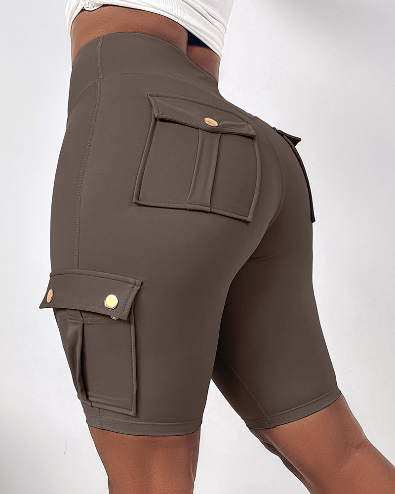Tummy Control Butt Lifting Active Shorts High Waist Flap Pocket Workout Bermuda Cargo Running Shorts - Image 27