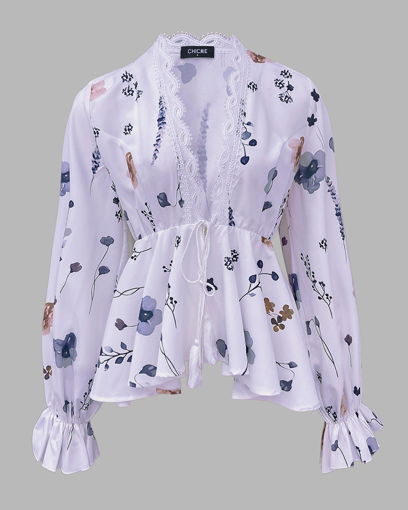 Floral Print Deep V-Neck Lantern Sleeve Casual Contrast Lace Tied Detail Blouse - Image 4