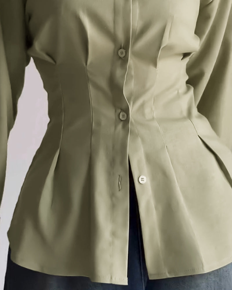 Turn-down Collar Long Sleeve Button Front Blouse Casual Back Criss Cross Tied Detail Fishtail Shirt - Image 3