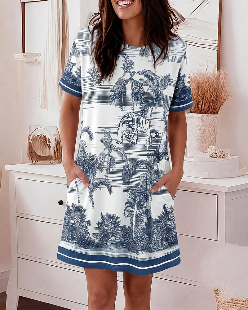 Women's Vintage Landscape Print Nightgown Casual Short Sleeve Loungewear Dress with Pockets - Image 5