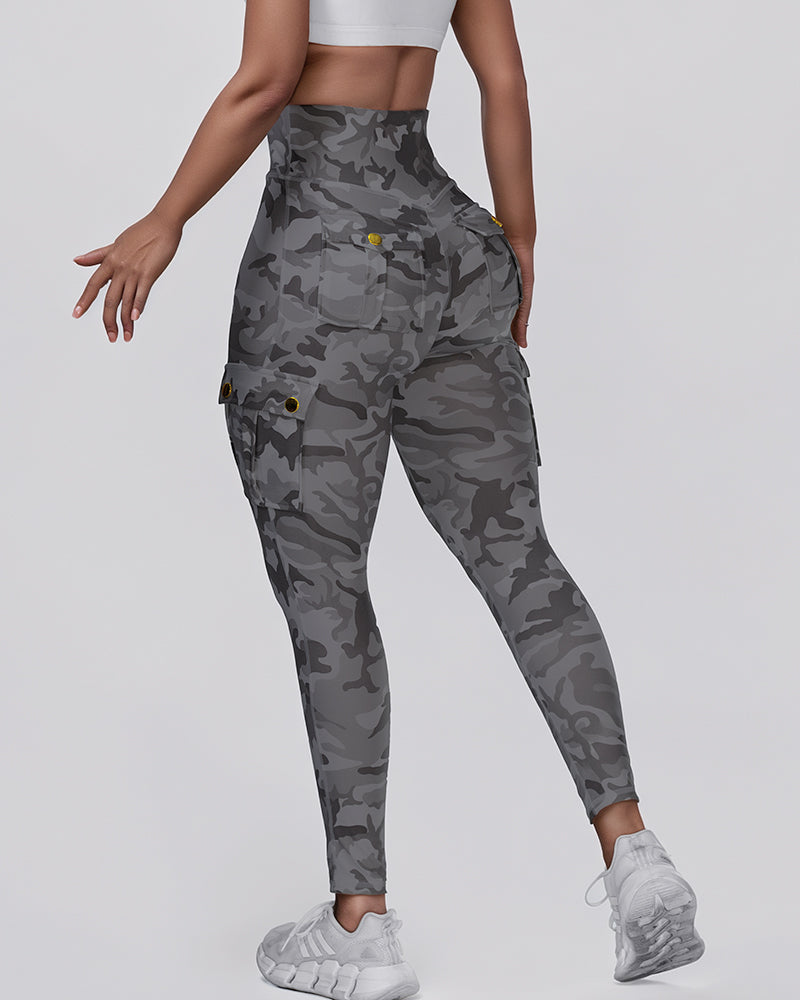 Camouflage Print High Waist Skinny Leggings with Cargo Flap Pockets Casual Pants - Image 20