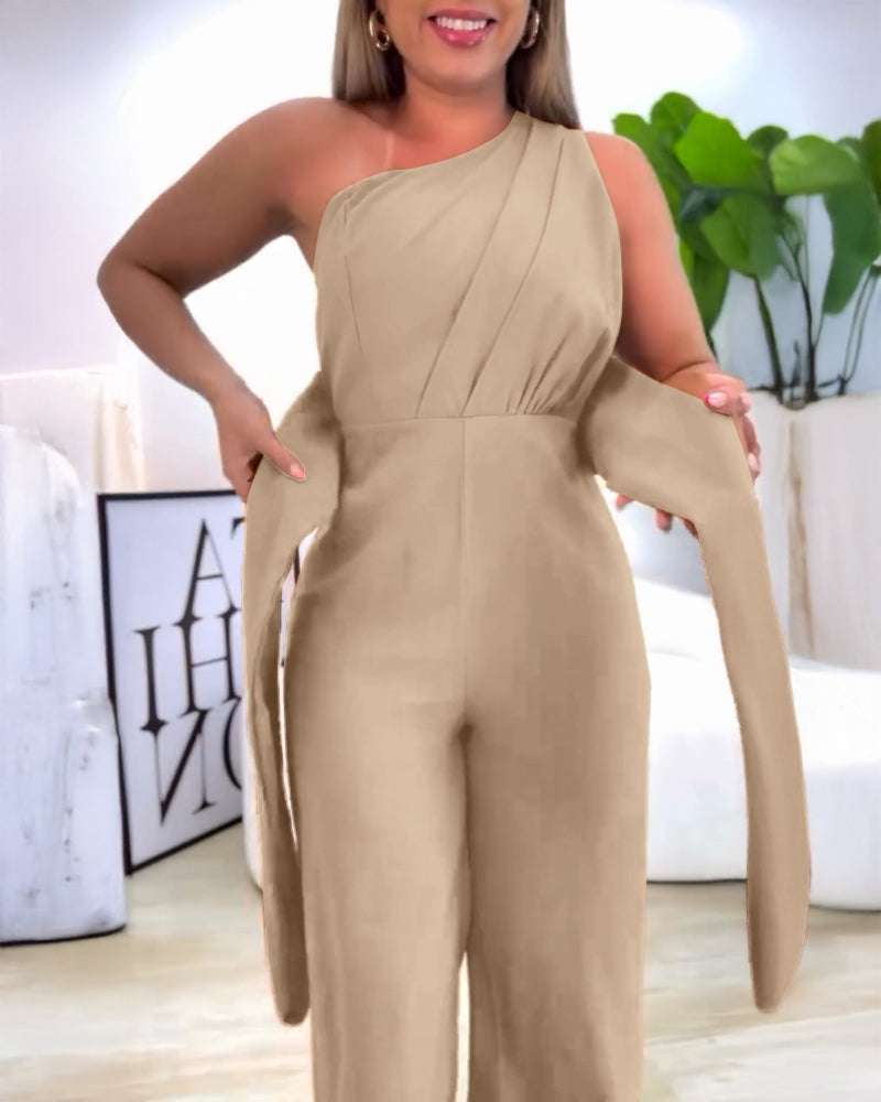One Shoulder Sleeveless Ruched Cinched Waist Zipper Side Overalls Tied Detail Elastic Waist Wide Leg Jumpsuit - Image 5