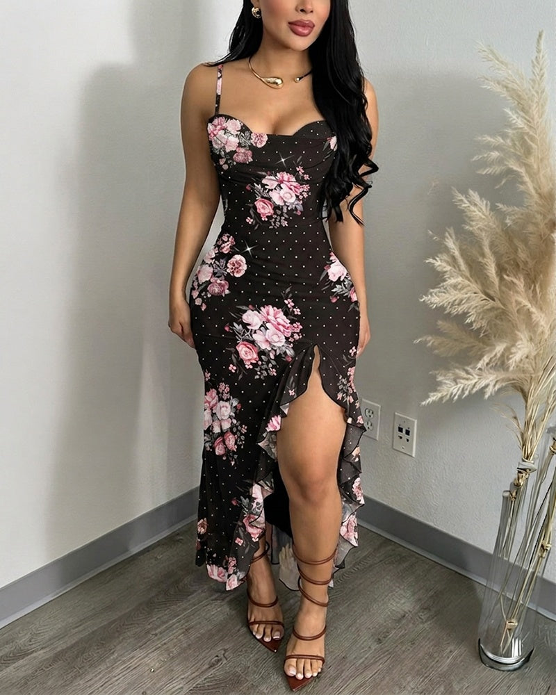 Women's Floral Cowl Neck Cami Midi Dress Casual Rhinestone Mesh Vacation Dress Slit Ruffle Hem Sundress - Image 5