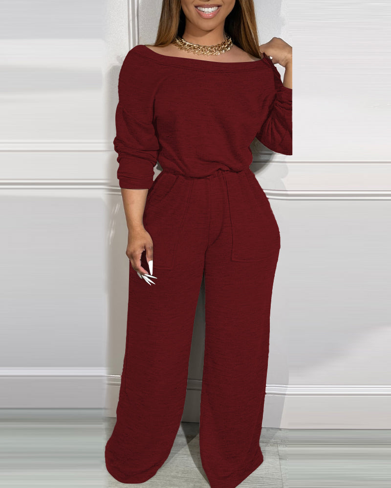 Off Shoulder V Back Elastic Waist Pockets Design Jumpsuit Casual Drop Shoulder Cinched Waist Wide Leg Jumpsuit - Image 18