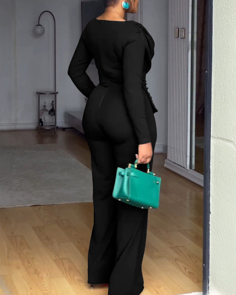 Cowl Neck Asymmetrical Textured Patchwork Cinched Waist Jumpsuit Casual Zipper Back Wide Leg Jumpsuit - Image 9