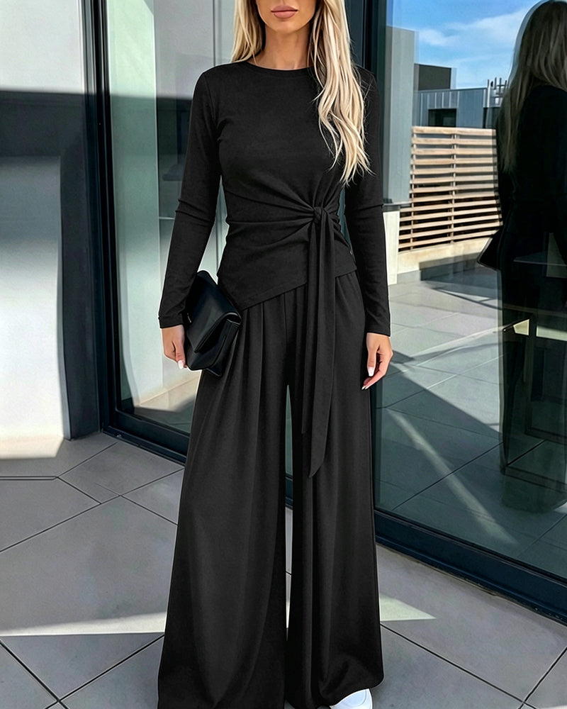Women's 2 Piece Knit Lounge Set Long Sleeve Tie Waist Top and High Waisted Wide Leg Pants Casual Soft Sweatsuit with Pockets - Image 20