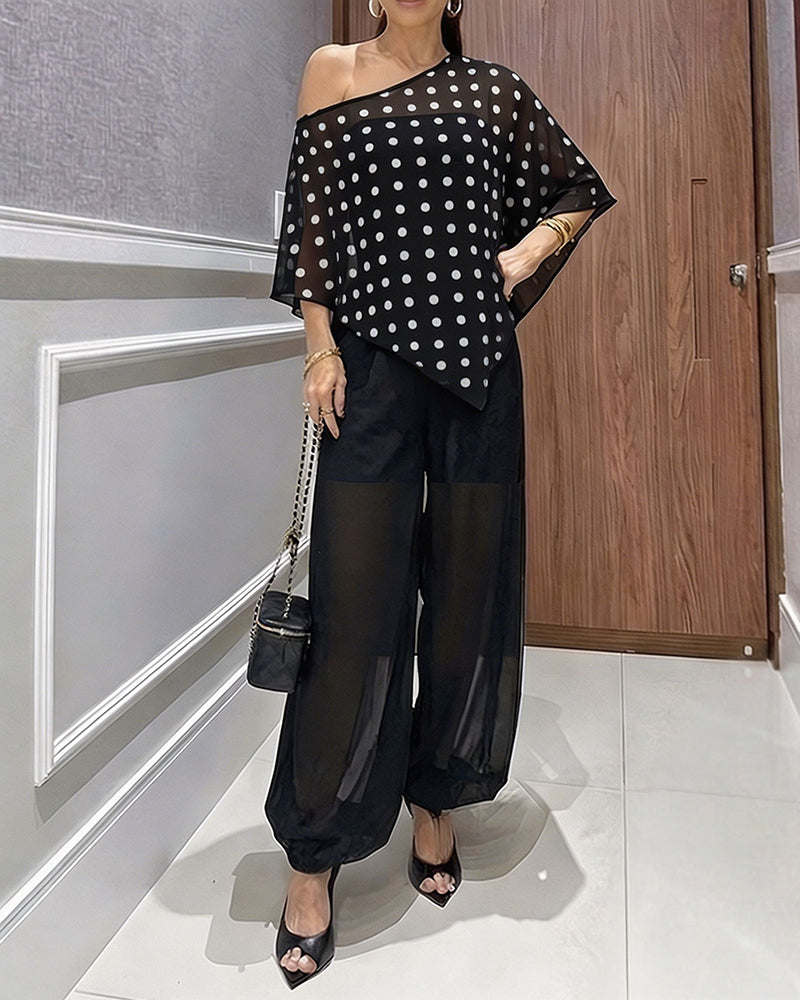 Women's 3 Piece Outfits Polka Dot Skew Neck Cape Top and Sheer Lantern Pants Set with Camisole Liner Party Clubwear - Image 4