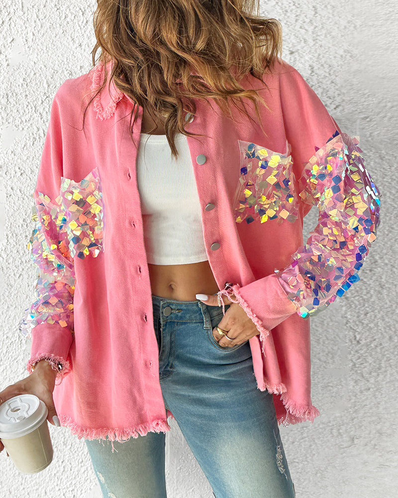 Contrast Sequin Long Sleeve Jacket Top Button Front Raw Hem Loose Fit Shacket - Image 10