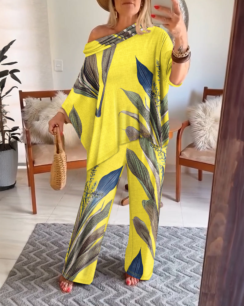 2 Pieces Outfit Plants Print Cold Shoulder Batwing Sleeve Top and Casual Wide Leg Pants Set - Image 17